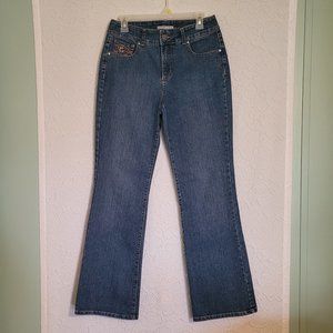 Bandolino Blue Boot Cut Jeans w/Brown Embroidered Floral Detailed Pockets Size 6